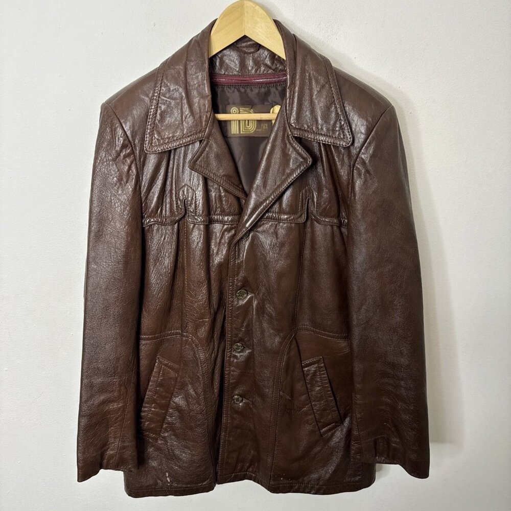Vintage Rice Men 42 Brown Cabretta Leather 70s Jacket Coat Lined Sheepskin